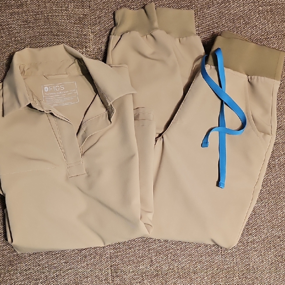 Figs Khaki Scrub Set with Bright Blue Accents